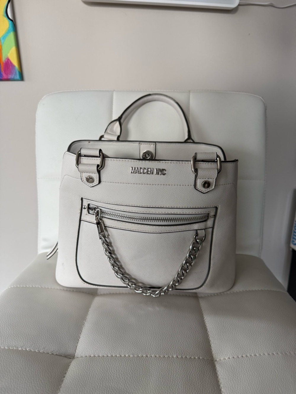 MADDEN NYC White Leather Top-Handle Satchel Purse